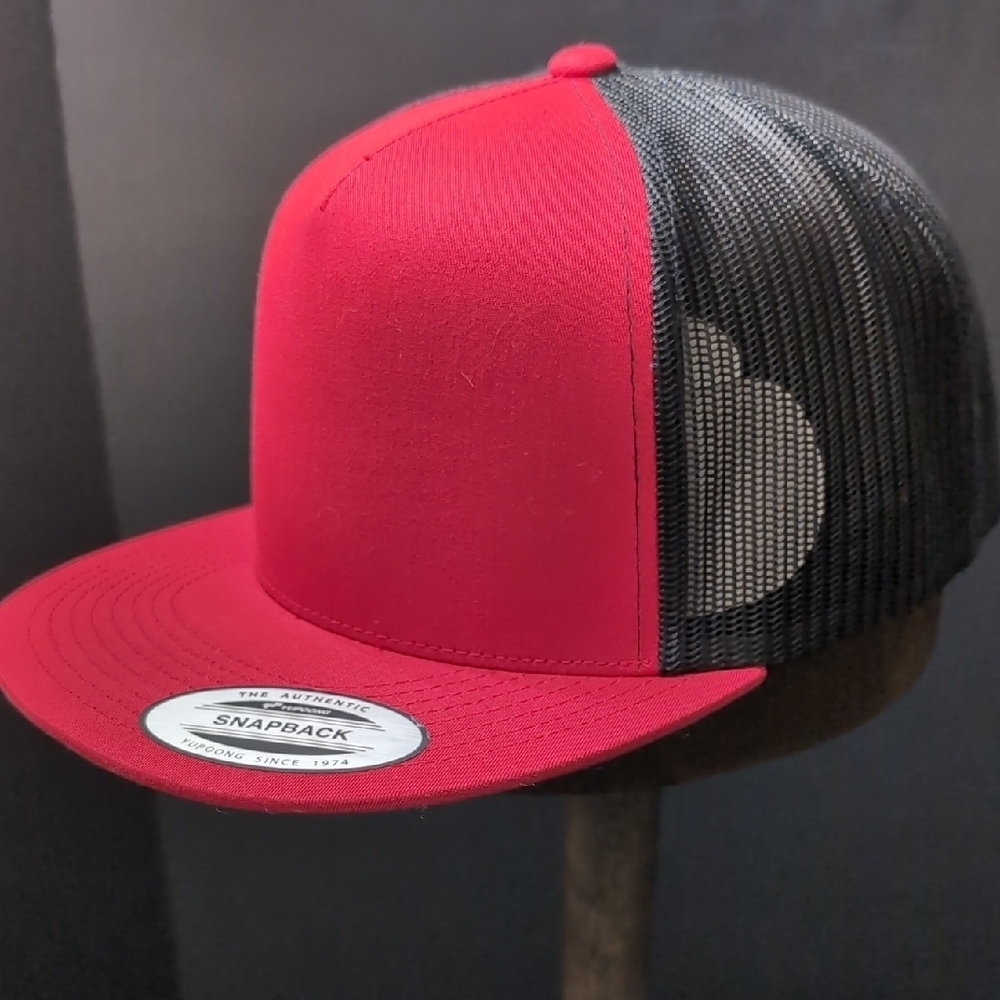 The Classics, Yupoong Men's Red/Black,Blank Snapback Trucker Hat.